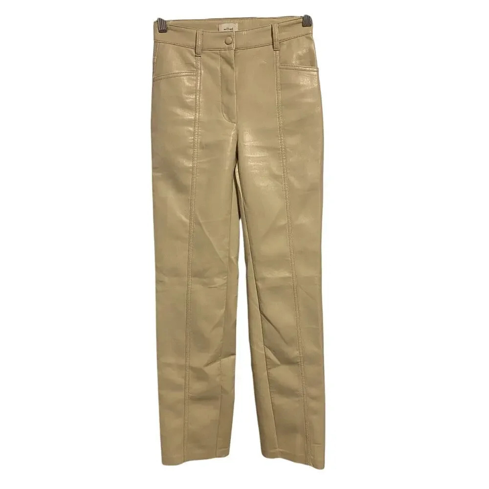 Aritzia Wilfred Beige Faux Leather Pants Women 00 High Rise Straight Work Travel